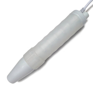 The wand from the Kinklab Neon Wand® Electrosex Kit is shown against a blank background. It is a cylinder that comes to a point and has a white exterior with a translucent grip around it. A cord comes out of the base, and there is a twist dial as well.