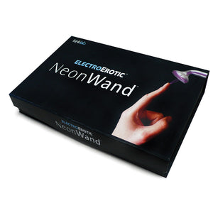 The packaging for the Kinklab Neon Wand® Electrosex Kit is shown against a blank background. It is black with the Kinklab logo and has an image of a bolt of electricity being transmitted from the mushroom electrode to an outstretched finger.