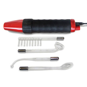 The Kinklab Neon Wand® Electrosex Kit with a red Handle is shown against a blank background with the included attachments. The clear glass attachments are the Electrode Comb, Mushroom Tube, 90° Probe, and Tongue Tube.