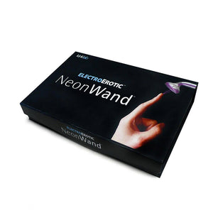 The box packaging for the Kinklab Neon Wand® Electrosex Kit is displayed against a blank background. The packaging is black and shows a finger reaching towards the mushroom tube with a bolt of electricity connecting them.