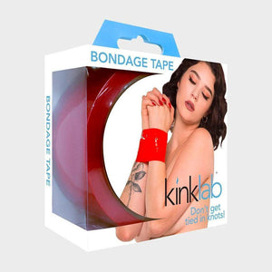 The box packaging for the black Kinklab Bondage Tape is displayed against a blank background. It has the image from the first picture on it.