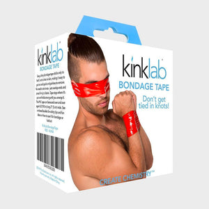 The box packaging for the black Kinklab Bondage Tape is displayed against a blank background. It has the image from the second picture on it.