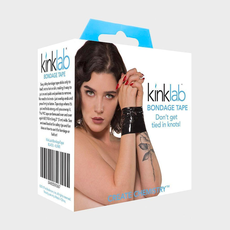 The box packaging for the black Kinklab Bondage Tape is displayed against a blank background. It has the image from the first picture on it.