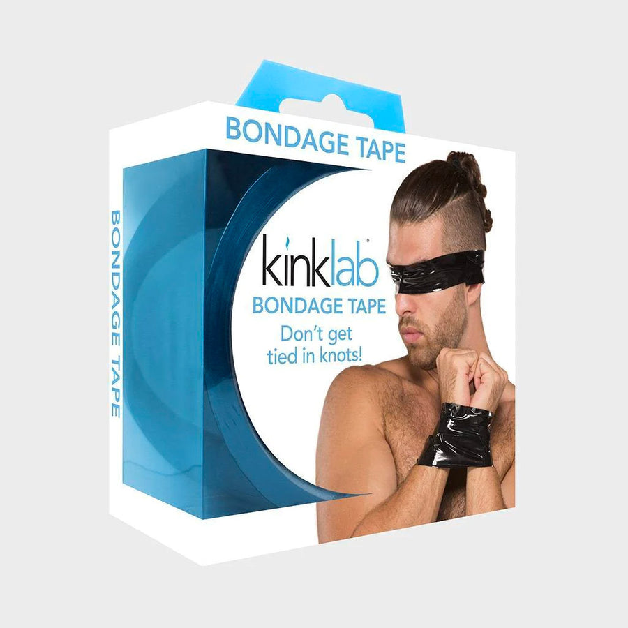 The box packaging for the black Kinklab Bondage Tape is displayed against a blank background. It has the image from the second picture on it.