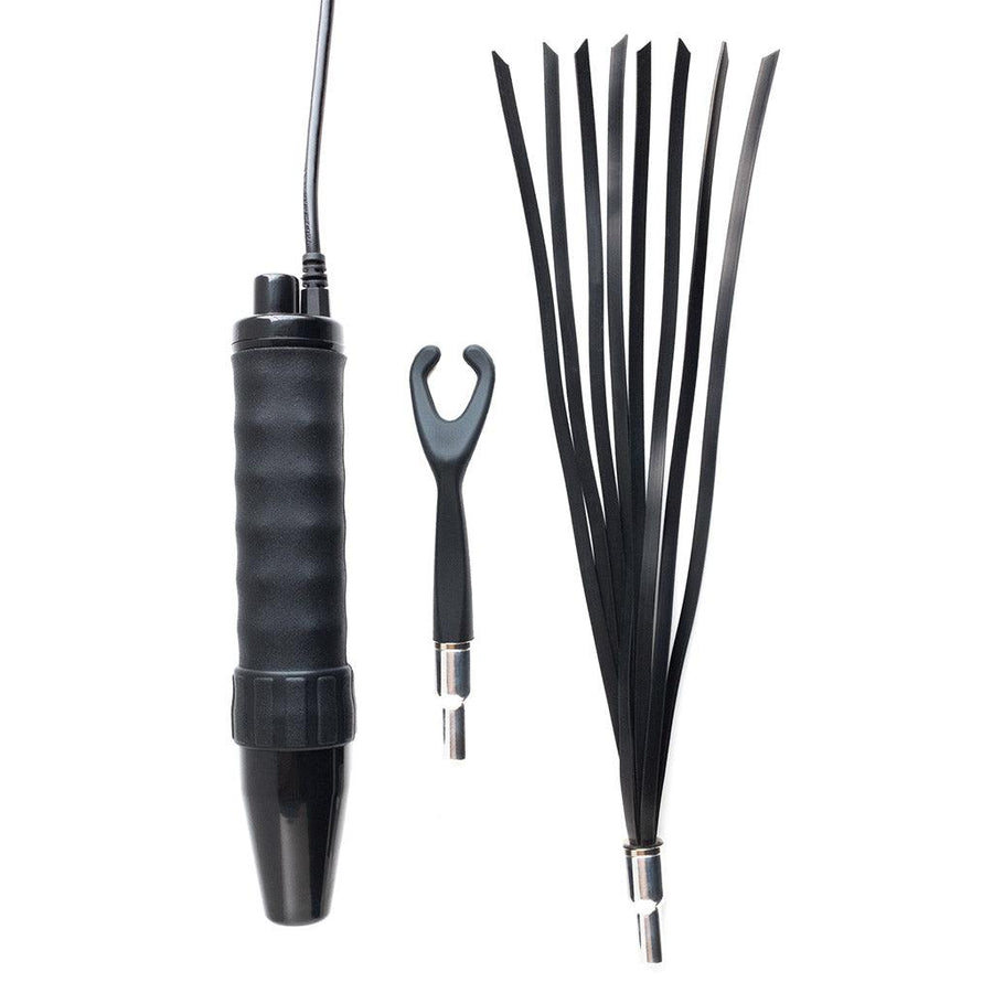 The contents of the KinkLab Obsidian Neon Wand Intensity Kit are displayed against a blank background. Shown are the black Neon Wand handle, the Y-shaped flex capacitor attachment, and a whip attachment. Both attachments are made of black silicone.