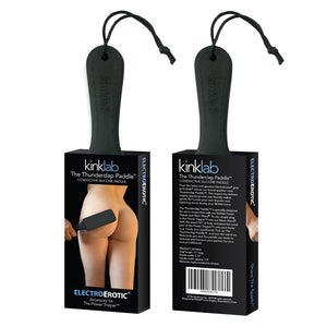 The front and back of the Kinklab Thunderclap Electro Conductive Paddle Neon Wand® Attachment packaging is displayed against a blank background. It is made of cardboard, and the handle of the paddle sticks out of the top.