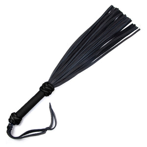 The black/black 30-inch Elk Hide Flogger is displayed against a blank background. The flogger has black leather falls, and the handle is wrapped in black nylon with knots at the top and bottom and a black leather wrist loop at the base of the handle.