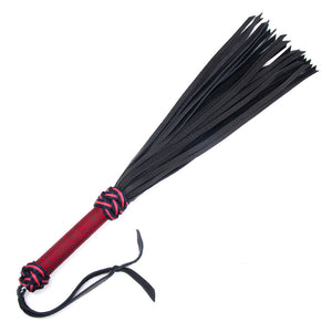 The red/black 30-inch Elk Hide Flogger is displayed against a blank background. The flogger has black leather falls, and the handle is wrapped in red and black nylon with knots at the top and bottom and a black leather wrist loop at the base of the handle.