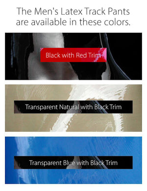 A chart showing the available standard colors for the Men's Latex Track Pants by Syren Latex.