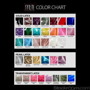 An image with color swatches of the available latex colors for Syren Latex garments.