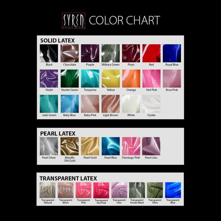 An image with color swatches of the available latex colors for Syren Latex garments.