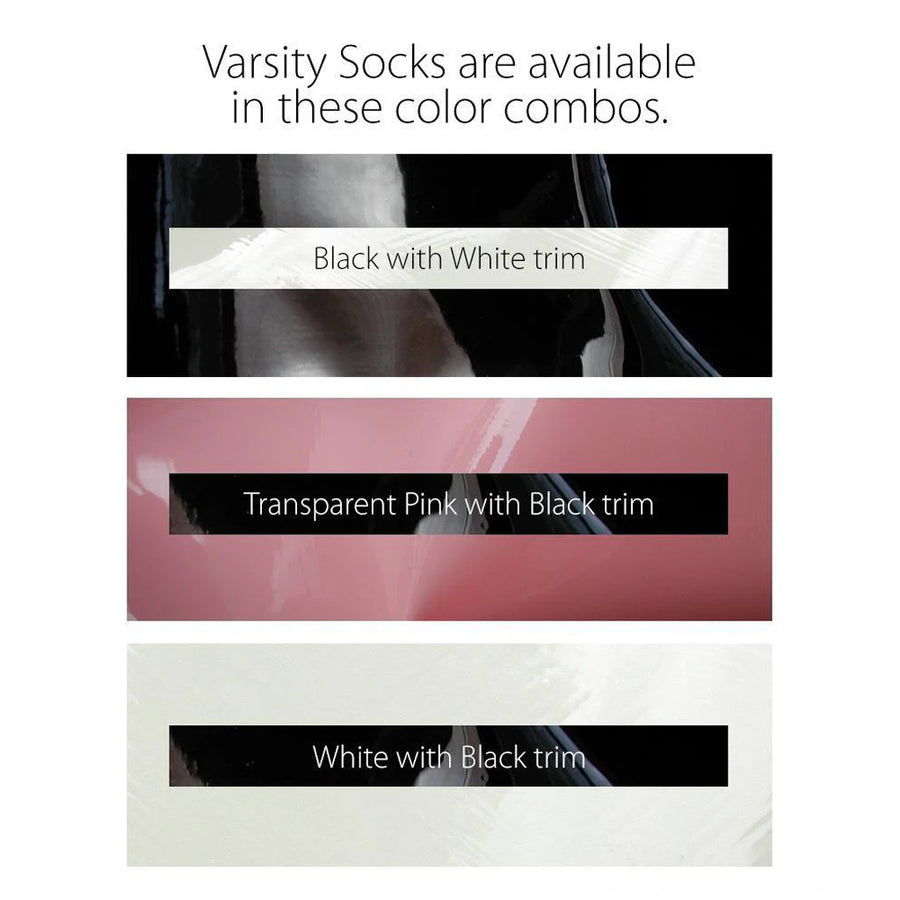 A chart displaying the available standard colors for the Varsity Socks by Syren Latex.