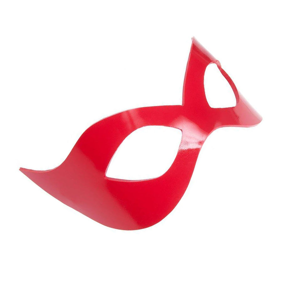 A red Mistress Mask by Syren Latex is displayed against a white background.