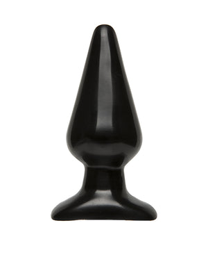 The Black Anal Plug, size Large by Doc Johnson is shown against a blank background. It is a black rubber butt plug.