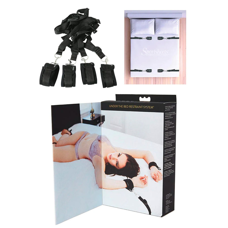 The box for the Under The Bed Restraint System and its contents are shown against a blank background. There is a guide showing how to use the system as well as the black nylon straps with cuffs attached.