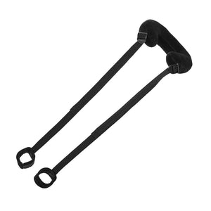 The Super Sex Sling With Cuffs is displayed against a blank background. It is a black padded neck pillow with nylon straps on each side. The straps have cuffs at the end.