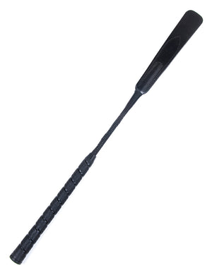The Motivator Crop from Sportsheets is displayed against a blank background. The crop has a long black handle and rod with a long, rectangular black leather tab at the top.