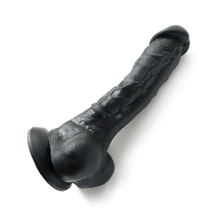 The Colours 8" Silicone Black Dildo is shown against a blank background. The dildo is realistically styled with balls and veins and has a suction cup base.
