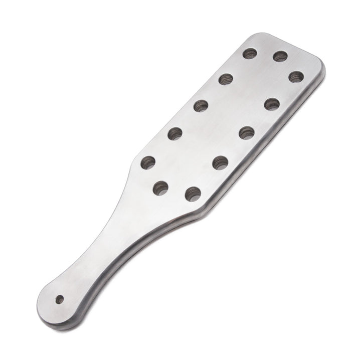 The El Jefe Aluminum Paddle is displayed against a blank background. It is a rectangular paddle with rounded edges made of silver aluminum with ventilation holes.  