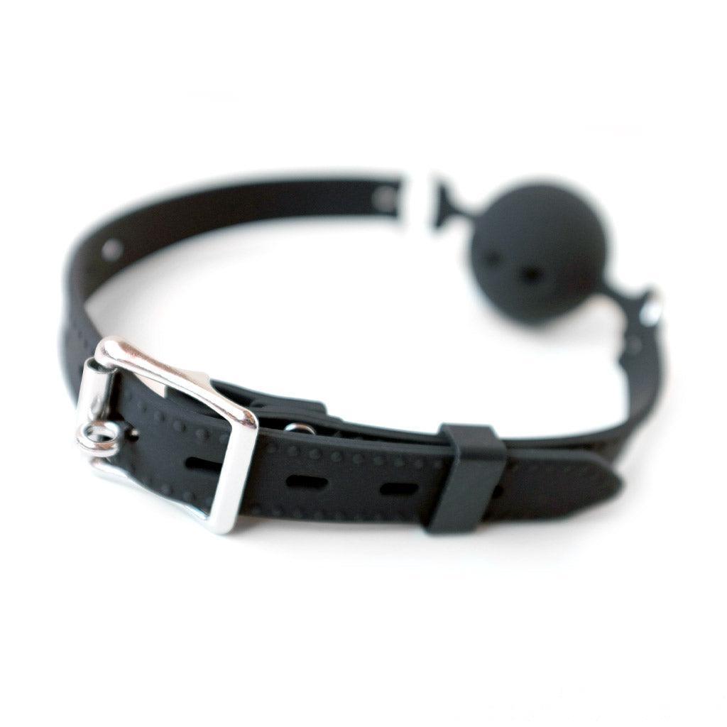 The Silicone Breathable Ball Gag is shown from the back against a blank background, displaying the silver buckle.