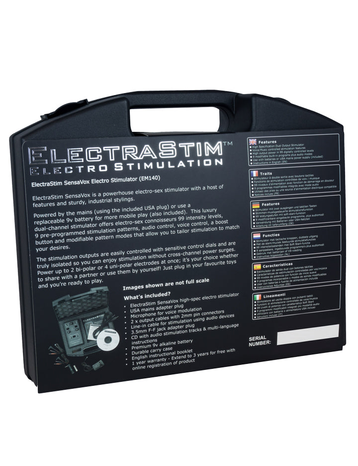 The back of the Electrastim Sensavox case is shown against a blank background. The back of the case shows a picture of the Sensavox alongside a description and a list of the case contents.