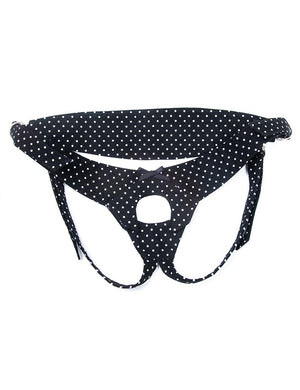 The Veronica Strapon Harness is shown against a blank background. There is a small black ribbon bow in the center of the waistband. 