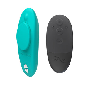 The We-Vibe Moxie+ Plus in Aqua is shown on a plain white background. The bullet vibrator is displayed next to the remote control.
