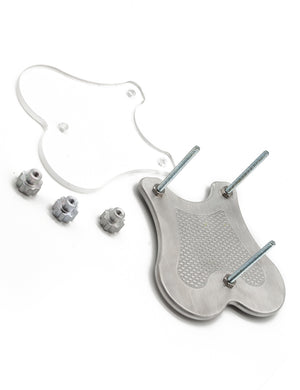 A disassembled Extreme CBT Ball Crusher is shown against a blank background. There is a metal bottom plate with three bolts is shown next to a clear acrylic top plate. The three nuts for the bolts are next to the plates.