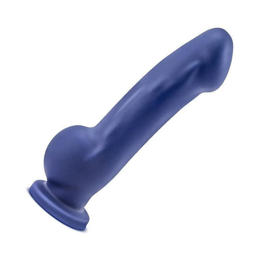 The indigo version of the Avant D8 Ergo Silicone Dildo on a white background, seen from the side. 
