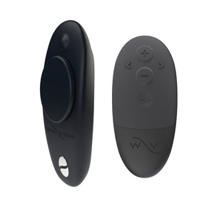 The We-Vibe Moxie+ Plus in Black is shown on a plain white background. The bullet vibrator is displayed next to the remote control.