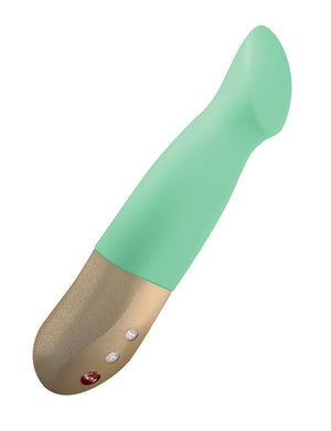 The Fun Factory Sundaze Pulsating Vibrator in Pistachio is shown against a blank background. The toy is smooth with a pronounced, flat tip, and a gold base with three buttons.