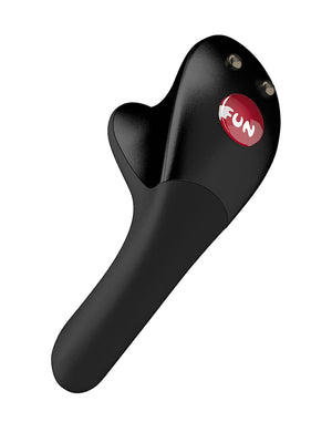 The Fun Factory Be-One Couples Vibrator is shown against a blank background. The toy is black with a slim vibrating portion, and the base has two finger-sized divots on either side.