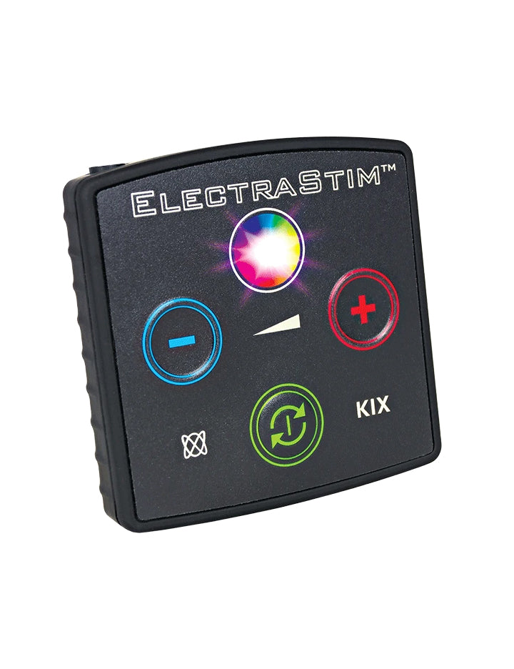 The Electrastim Kix Electrosex Stimulator is shown against a blank background. The controller is a small black square with three buttons on it and a colorful circle on top.