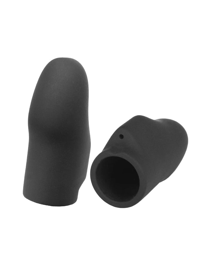A pair of Electrastim Silicone Noir Explorer Finger Sleeves are shown against a blank background. They are matte black and are shaped like finger tips with a small cable receptor on the back.