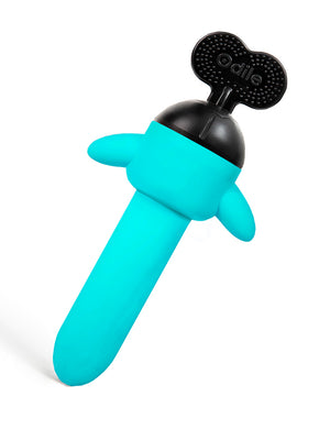 The Odile Butt Plug Dilator in Aqua is shown against a blank background. The toy has a smooth insertable portion with a flared base and a black turn key at the base.