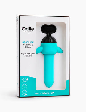 The Odile Butt Plug Dilator in Aqua is shown in its packaging against a blank background.