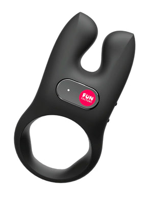 The Fun Factory Nōs Vibrating Cock Ring is shown against a blank background. The toy is black and on one side of the ring, there are two vibrating ears.