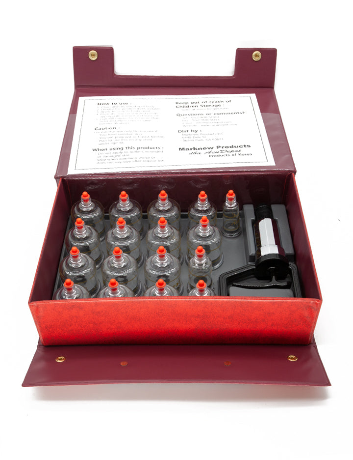 The 17-Piece Plastic Cupping Set is shown in its packaging, a red box, against a blank background.