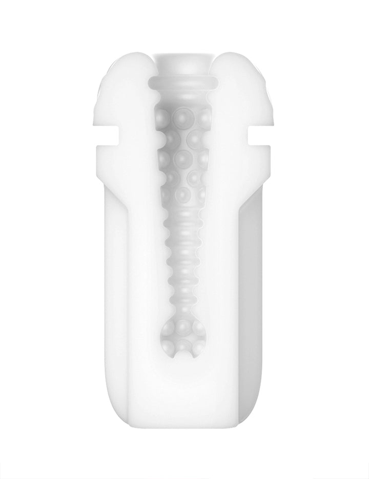  A cross section of the Svakom Sam Neo Interactive Suction & Vibrating Masturbator is shown against a blank background, displaying the textured interior.