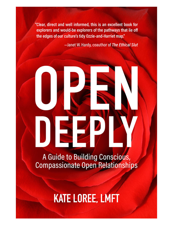 The cover for Open Deeply, which is a close up of a red rose, is shown against an open background.