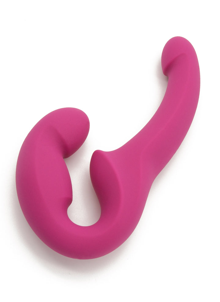 The Fun Factory Share Lite Double Dildo in Blackberry is shown against a blank background. One side of the dildo is shorter and thicker, and it is connected by a U-shaped curve to a longer, more traditional looking dildo.