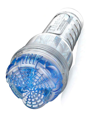 The Fleshlight Turbo Core Blue Ice Masturbator is shown against a blank background. The material of the fleshlight is transparent blue and very textured, and the case is clear.