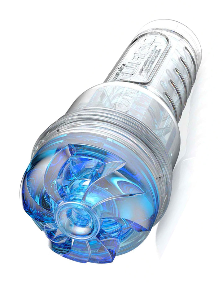 The Fleshlight Turbo Thrust Blue Ice Masturbator is shown against a blank background. The material of the fleshlight is transparent blue, and the case is clear.
