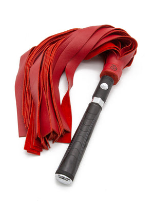 The Cow Leather Interchangeable Flogger Head 1" in Red is shown attached to the Black Interchangeable Handle against a blank background.
