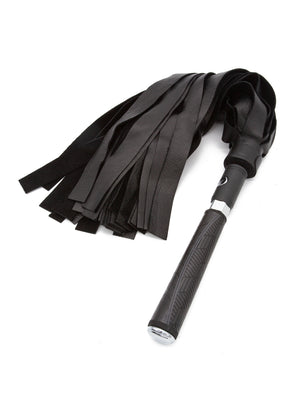 The Cow Leather Interchangeable Flogger Head 1" in Black is shown attached to the Black Interchangeable Handle against a blank background.