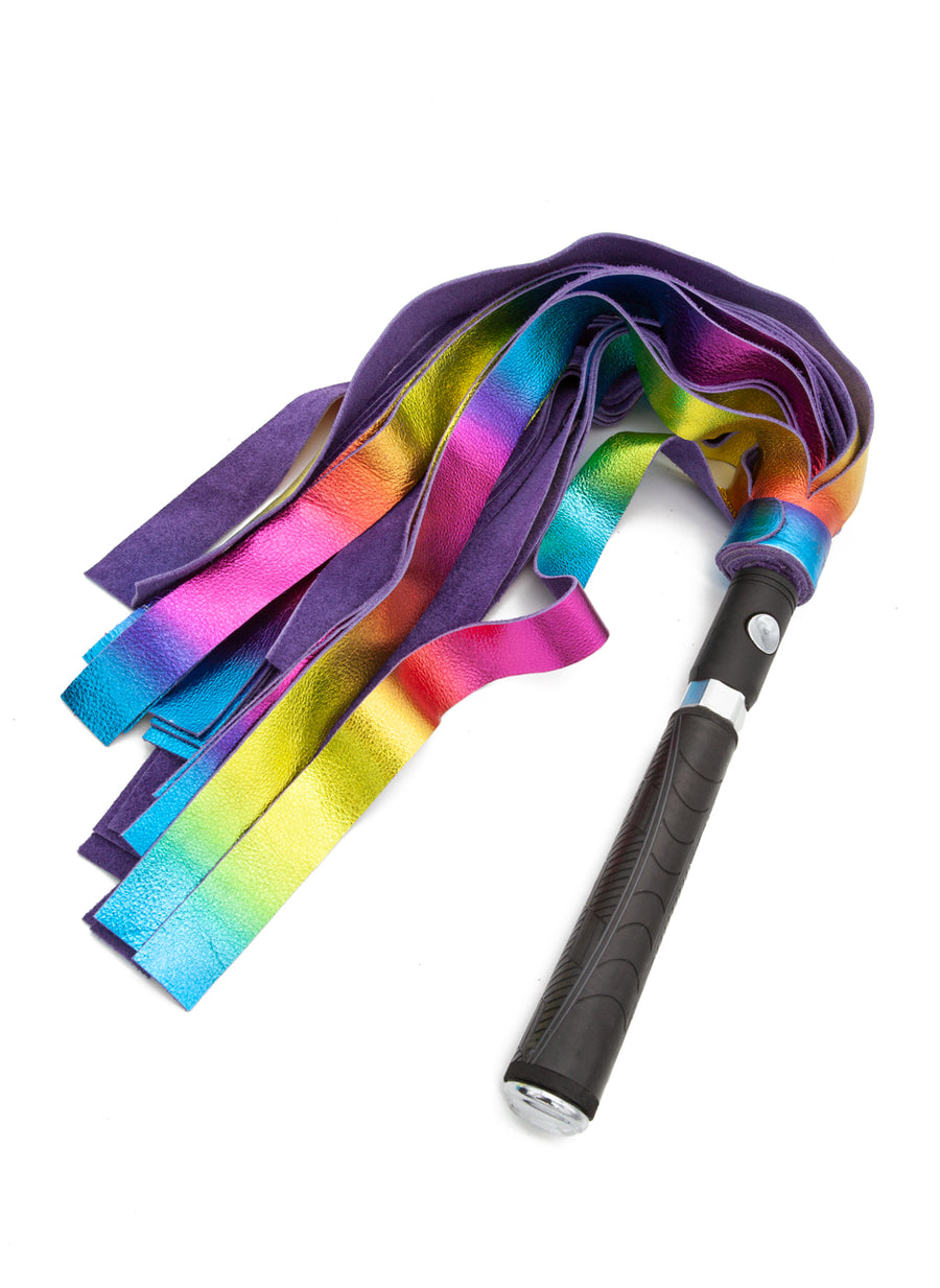 The Metallic Cow Leather Interchangeable Flogger Head 1" in Rainbow is shown attached to the Black Interchangeable Handle against a blank background.
