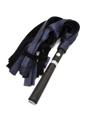 The Metallic Cow Leather Interchangeable Flogger Head 1" in Dark Blue is shown attached to the Black Interchangeable Handle against a blank background.