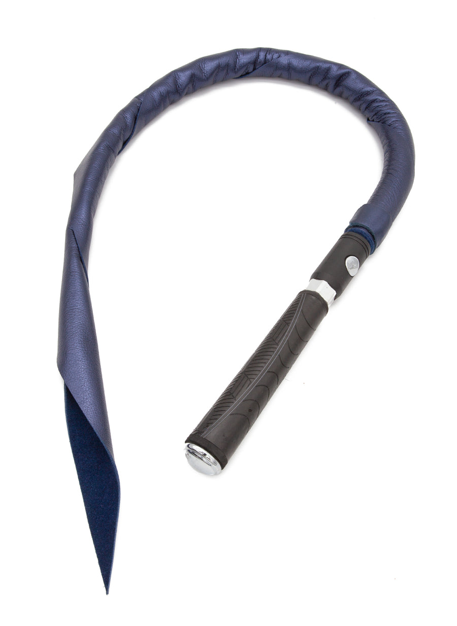 The Metallic Cow Leather Interchangeable Dragontail in Dark Blue is shown attached to a Black Interchangeable Handle against a blank background.