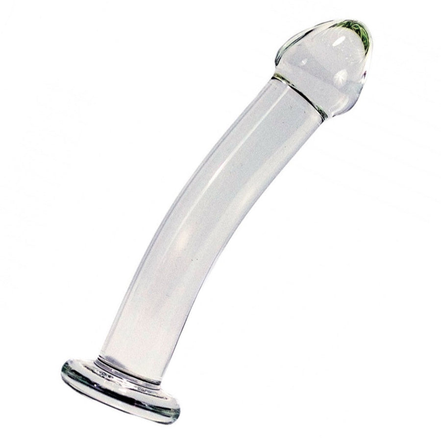 The Strapon Compatible Clear Glass Dildo is shown upright against a blank background. It is slightly curved with a pronounced, tapered head.