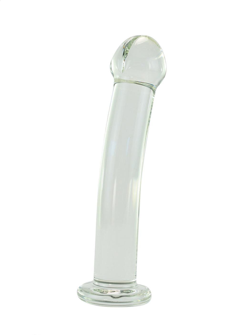 The Strapon Compatible Clear Glass Dildo is shown against a blank background.